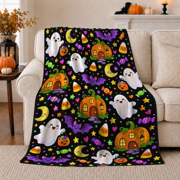 Cute decorative motif autumn celebration decorative motif Ghosts Trick-Or-Treat Buckets Pumpkin, Warm Flannel Blanket for Living Room and Family Room, Festive autumn celebration Scene