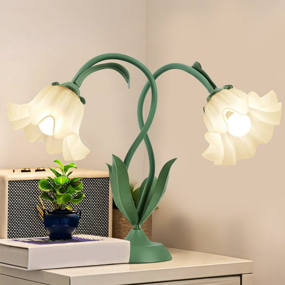 Cute dual head flower table lamp, large retro bedside flower lamp, bedroom living room bedside reading lighting table lamp, home decoration with 3-color flower lamp (green)