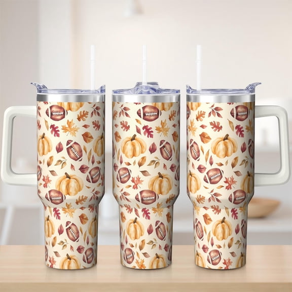 Cute football tumbler 40 oz tumbler with handle and straw 304 stainless steel travel cup coffee mug water bottle suitable as a gifts for women gift for football lovers gift for rugby lovers
