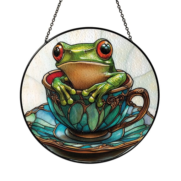 Cute frog in cup stained glass look window panel for cheerful interior decoration