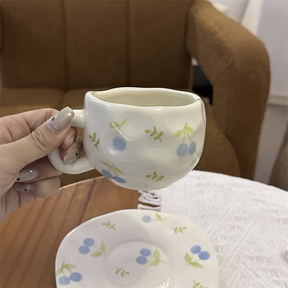Cute fruit-print ceramic mug – featuring cherry, blueberry, and floral designs. Hand wash only, reusable, perfect for home, office, or as a gift. Also suitable for tea, milk, and water. Beautiful mug