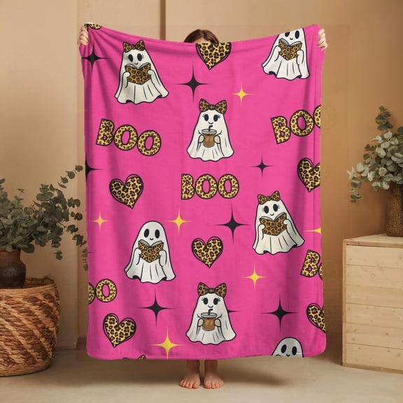 Cute ghost blanket halloween fall throw leopard cheetah print bookish gift librarian autumn blanket cute ghost reading book