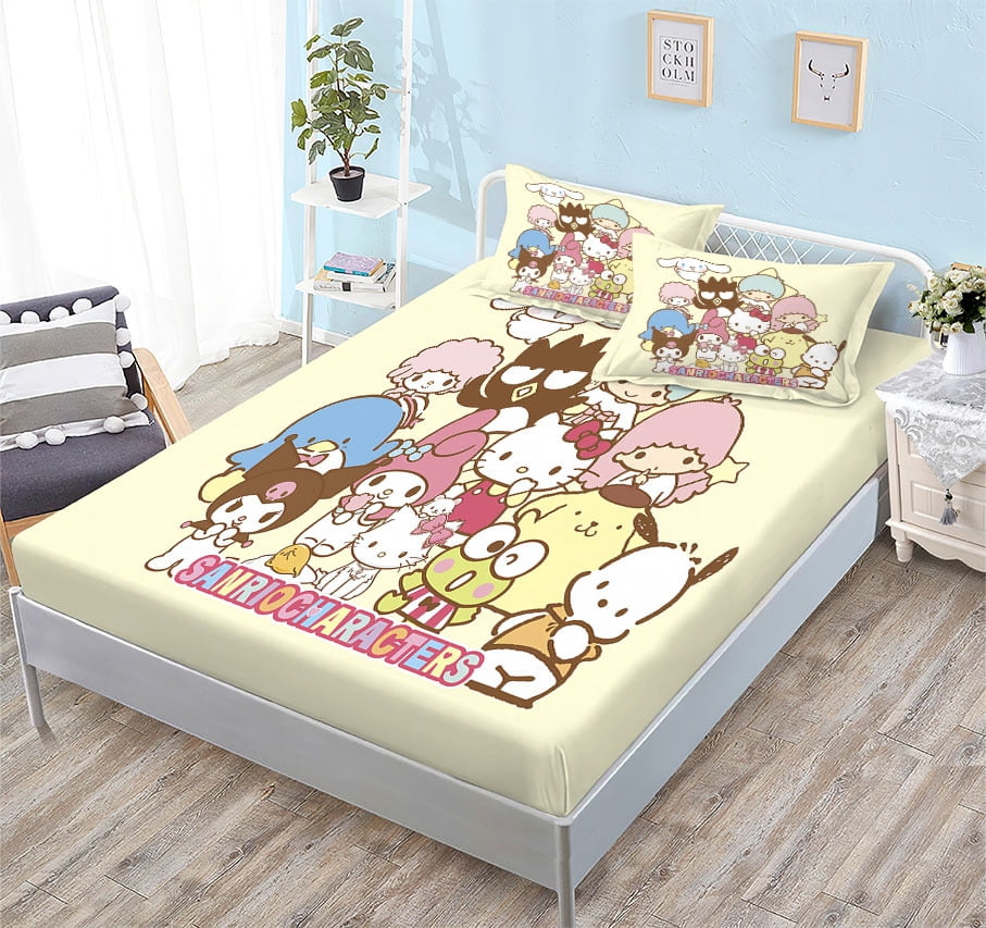 Cute girl heart KT cat Kuromi Frosted fitted bed sheet 3pcs set (fitted ...