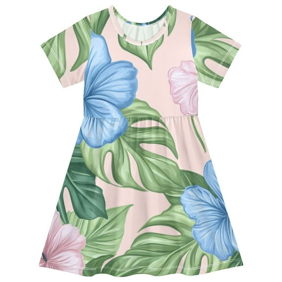Cute girls short-sleeved dress, fresh summer model, comfortable and breathable, beautifully printed design style! Blue Pink Hibiscus
