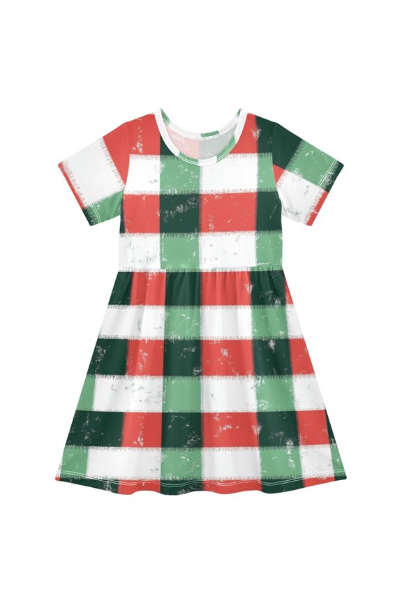 Cute girls short-sleeved dress, fresh summer model, comfortable and breathable, beautifully printed design style! Christmas Vibes Plaid