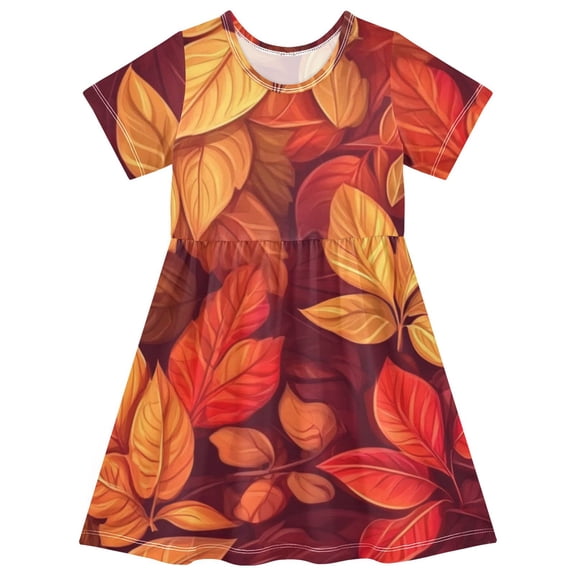 Cute girls short-sleeved dress, fresh summer model, comfortable and breathable, beautifully printed design style! Fall Leaves Pattern