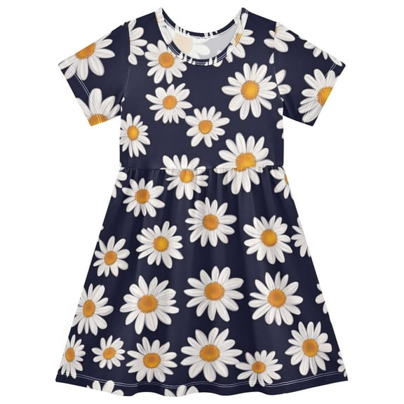 Cute girls short-sleeved dress, fresh summer model, comfortable and breathable, beautifully printed design style! Navy Small Daisy