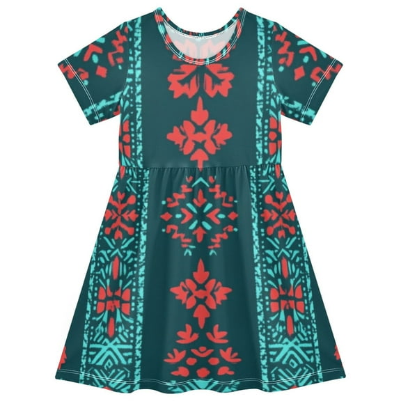 Cute girls short-sleeved dress, fresh summer model, comfortable and breathable, beautifully printed design style! Nordic Style Ethnic Patterns