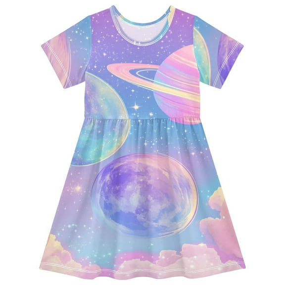 Cute girls short-sleeved dress, fresh summer model, comfortable and breathable, beautifully printed design style! Pastel Space