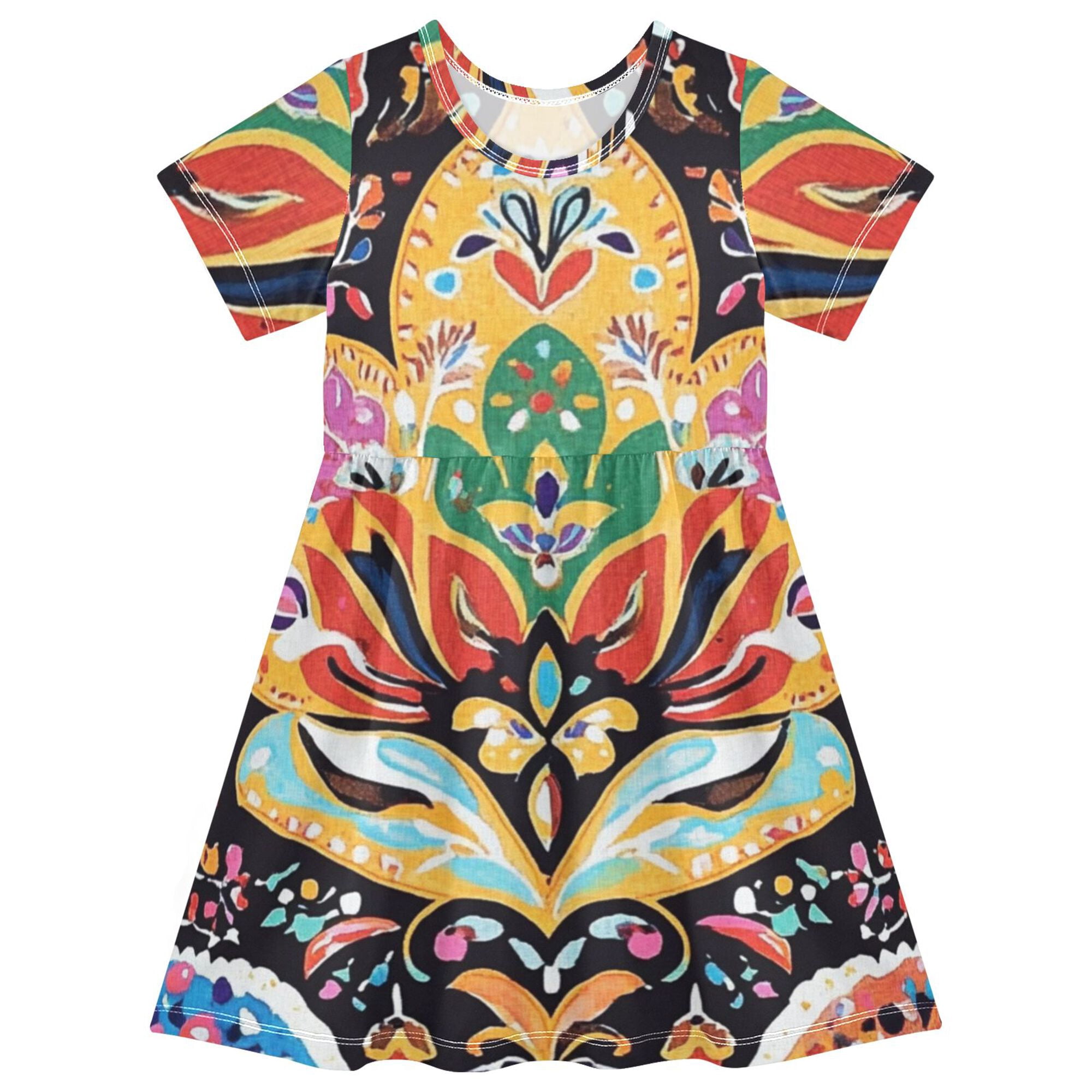 Summer Pure Cotton Waves Pattern Short Sleeves Dress for Stylish Girls