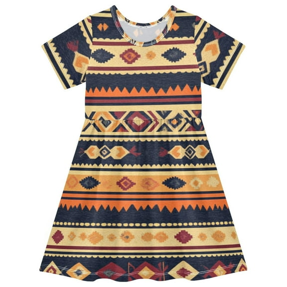 Cute girls short-sleeved dress, fresh summer model, comfortable and breathable, beautifully printed design style! Vintage Tribal Stripe Pattern