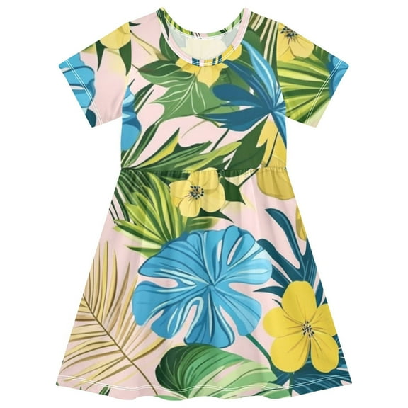 Cute girls short-sleeved dress, fresh summer model, comfortable and breathable, beautifully printed design style! Yelow Blue Tropical Floral