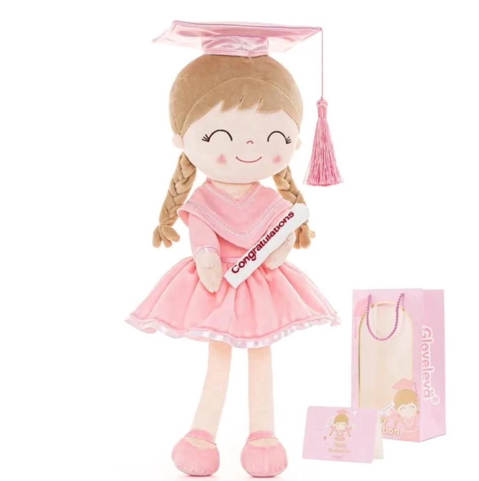 Cute graduation plush doll with cap & scroll, soft stuffed doll, ideal graduation gift for graduates, graduation party decor (Pink)