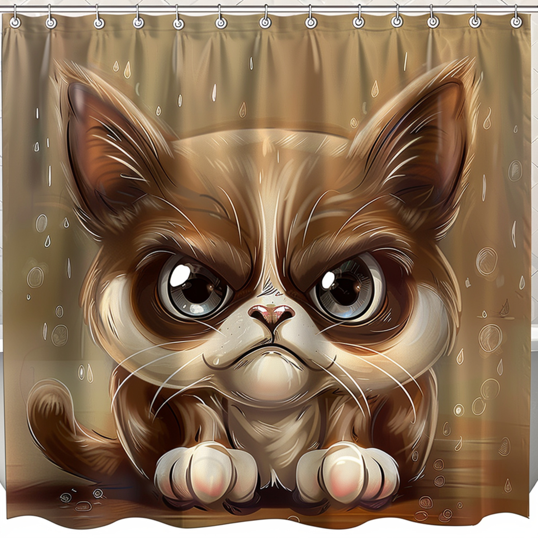 Cute grumpy cat design with big eyes and paws on the sides in a realistic style for a