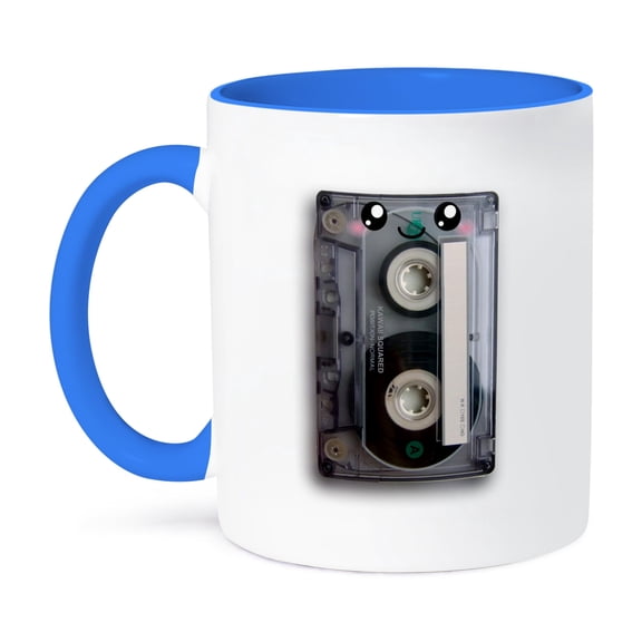 3dRose, Cute happy cassette tape - retro music 80s eighties 90s - kawaii smiling face - smiling sweet cartoo, 15oz Two-Tone Blue Mug