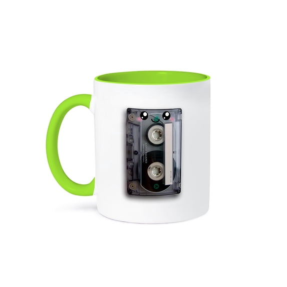 3dRose, Cute happy cassette tape - retro music 80s eighties 90s - kawaii smiling face - smiling sweet cartoo, 15oz Two-Tone Green Mug