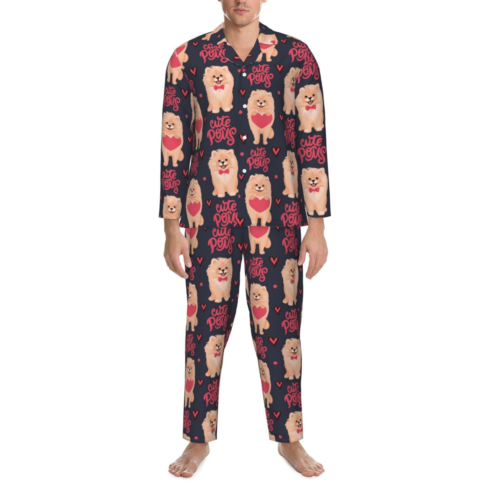 Cute heart Dog Puppy Mens Pajamas Set, Soft Men's Sleepwear Comfy