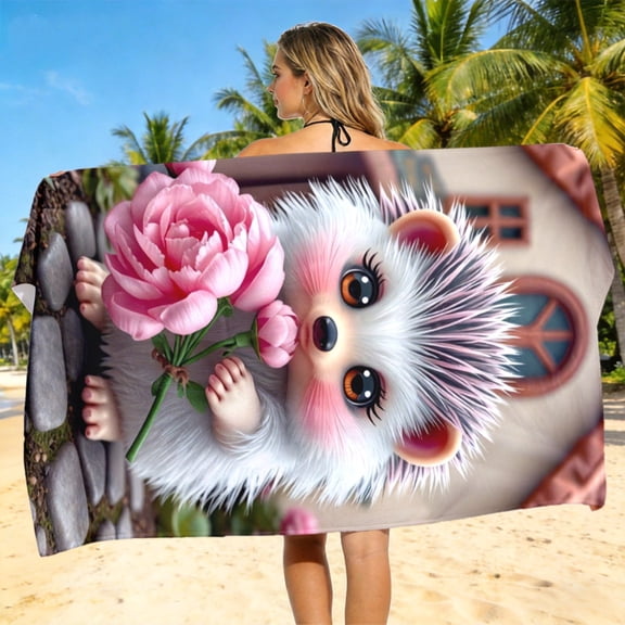 Cute hedgehog pattern pink flower polyester beach towel, comfortable and light water absorption, very suitable for beach surfing and diving, a must, the perfect family summer gift, birthday gift