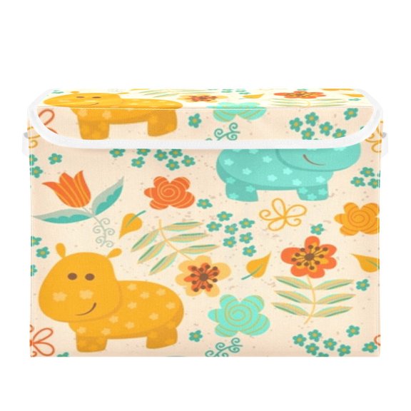 Cute hippos floral pattern design Large Toy Box Chest Storage with Flip-Top Lid, Collapsible Storage Boxes Container Bins for Toys, Playroom Organizers