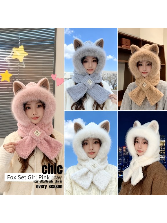 Cute hooded scarf hat thick solid color winter hat faux fur plush neck hijab warm bean elastic thick neck warm hat, (random ear styles)