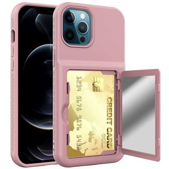 for Cute iPhone 12 Case for Women with Credit Card Holder & Hidden Mirror, Two Layer Shockproof Heavy Duty Protection Cover Protective Wallet Case for iPhone 12, Rosegold