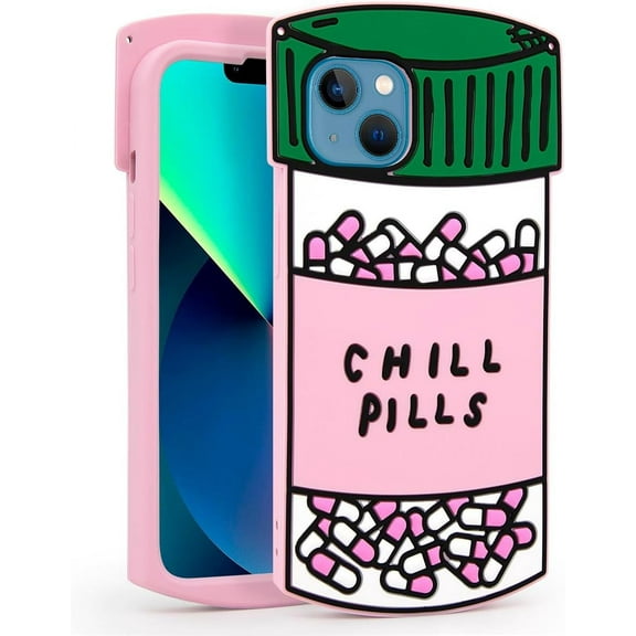 Cute iPhone 13 Case, Chill Pills iPhone 14 Case, Funny 3D Cartoon Capsule Bottle Soft Silicone Shockproof Cases Cover Skin for Girls Kids Women Children Multicolor