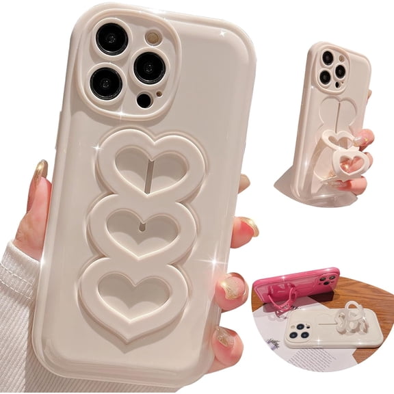 Cute for iPhone 14 Pro Max Case，[Adjustable Recessed Wristband Kickstand Finger Loop Grip][Kawaii Heart Shaped Design] Soft TPU Phone Shockproof Cover for Women Girls-White