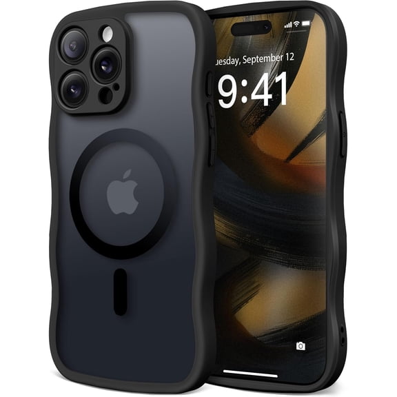 Cute for iPhone 15 Pro Case, Compatible with MagSafe, [Curly Wave Edge] [Full Camera Protection] [14 FT Drop Shockproof Protection] Magnetic Phone Case for 15 Pro 6.1 Inch,Black
