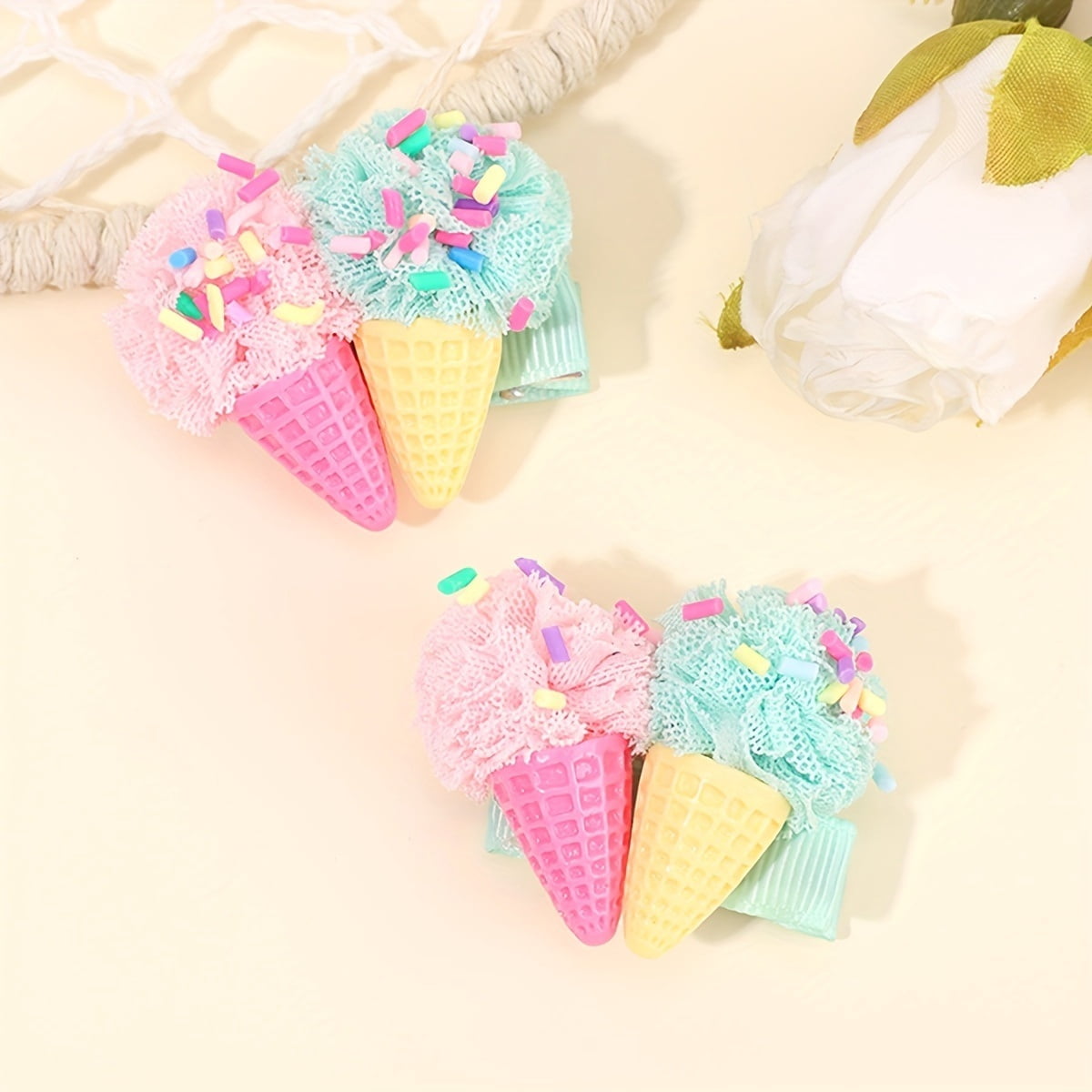 Cute ice cream style hair clips for summer, colorful polyester hair clips, sweet bangs clips, universal hair accessories for birthday parties.
