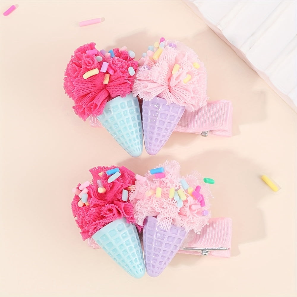 Cute ice cream style hair clips for summer, colorful polyester hair clips, sweet bangs clips, universal hair accessories for birthday parties.