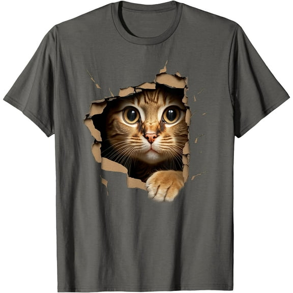 Cute kitten looks from torn fabric Graphic Art Unisex T-Shirt for Men Women Kids Toddler,Charcoal Color,Size M