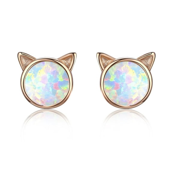 Cuoka Cat Earrings 925 Sterling Silver Opal Stud Earrings Valentines Day Gifts for Wife Women Mom 18K Rose Gold Plated Hypoallergenic Birthday Jewelry for Sensitive Ears