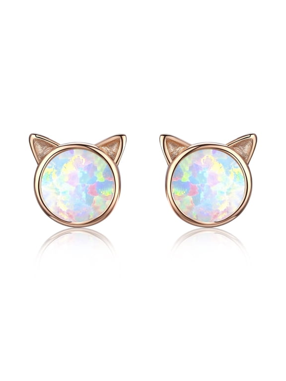 Cat Earrings 925 Sterling Silver Opal Stud Earrings Valentines Day Gifts for Wife Women Mom 18K Rose Gold Plated Hypoallergenic Birthday Jewelry for Sensitive Ears