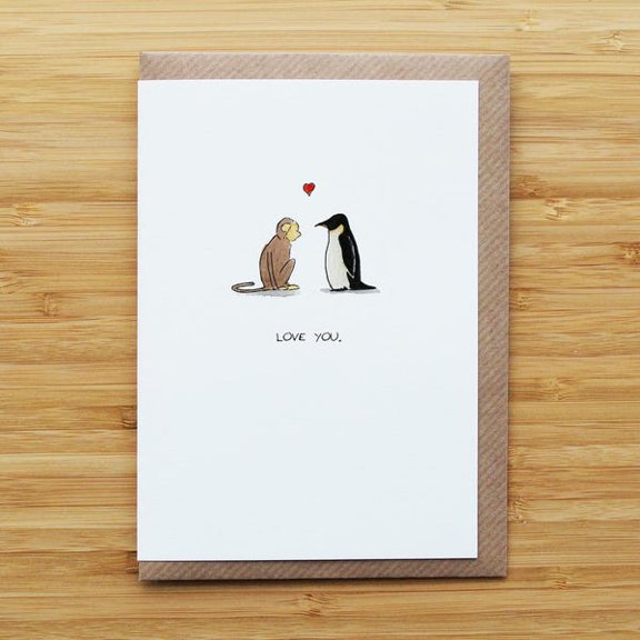 Cute love card with monkey and penguin, "LOVE YOU." Ideal for romantic gestures, expressing affection in a charming, playful design.