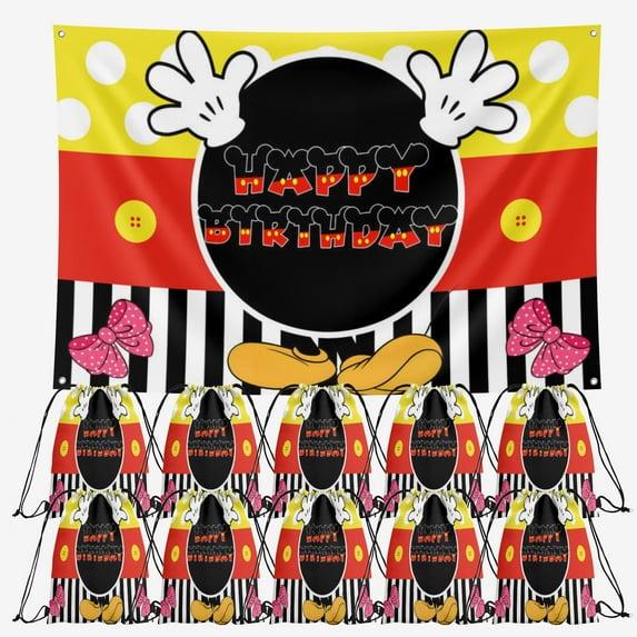 Cute mouse Birthday Party Supplies,20 Pieces Cute mouse Candy Drawstring Bag Include Backdrop 7x5FT, Drawstring Goodie Favor Bags for Birthday Party Decorations(10.6 x 13.3 Inch)