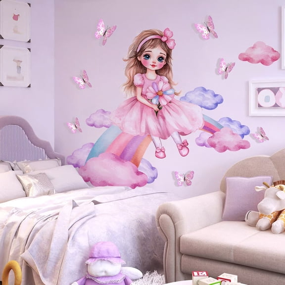 Cute princess stickers, cartoon girl wall stickers, 3D butterfly wall stickers Peel and Stick Wall Art Decals for Bedroom Living Room Offices Home Decoration