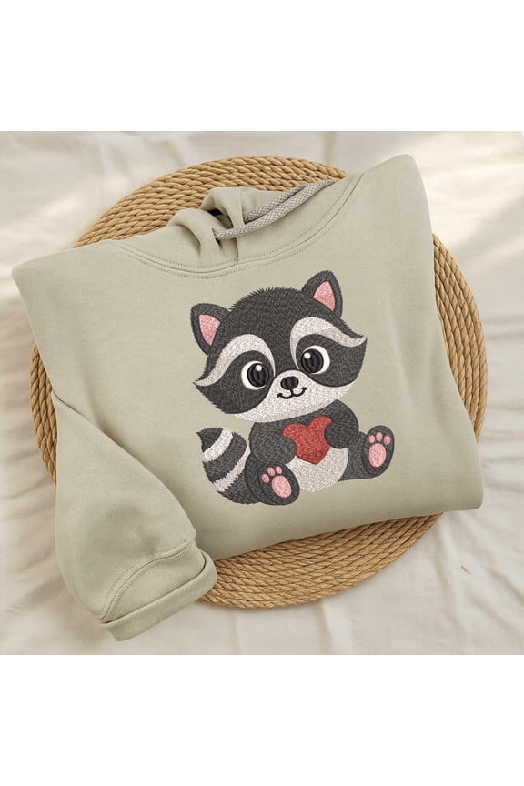Cute raccoon embroidery, baby raccoon with heart, woodland animal design, kids embroidery pattern, adorable raccoon embroidery