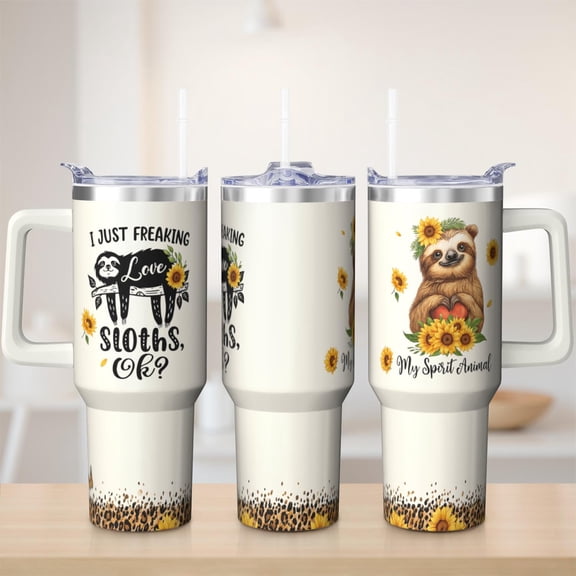 Cute sloth tumbler 40 oz tumbler with handle and straw 304 stainless steel travel cup coffee mug water bottle suitable as a gifts for women mom gifts gift for sloth lovers