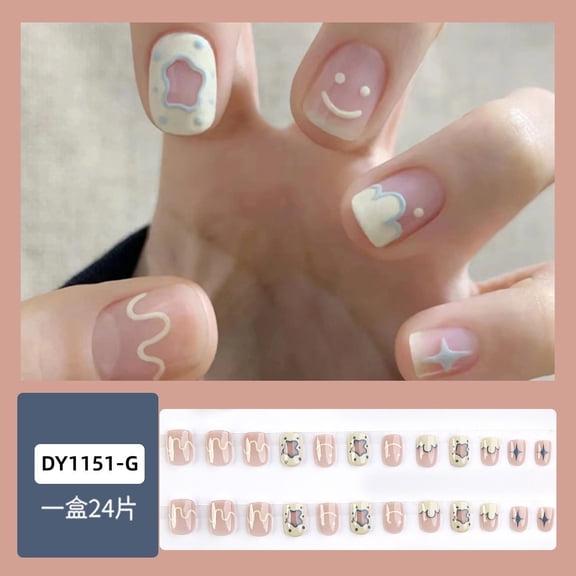 Cute soft and cute girl heart wearing armor, pink and white painted cartoon nail art 24 pieces finished fake nails direct sales