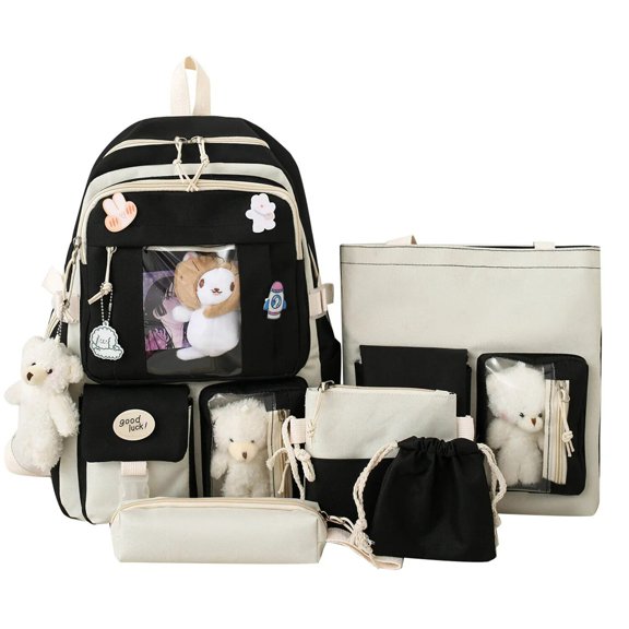 Cute student backpack set of 5 pieces, 17 inch beautiful sports bag, with cute backpack, shoulder bag, pencil case, handbag, small bag
