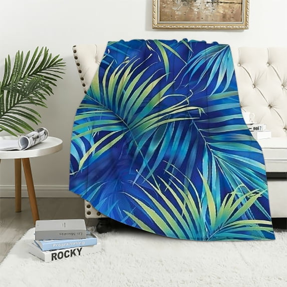 Cute tropical palm leaf blue and green flannel blanket palm leaf blanket sofa bed gift super soft, comfortable, high-end warm blanket Multiple specifications
