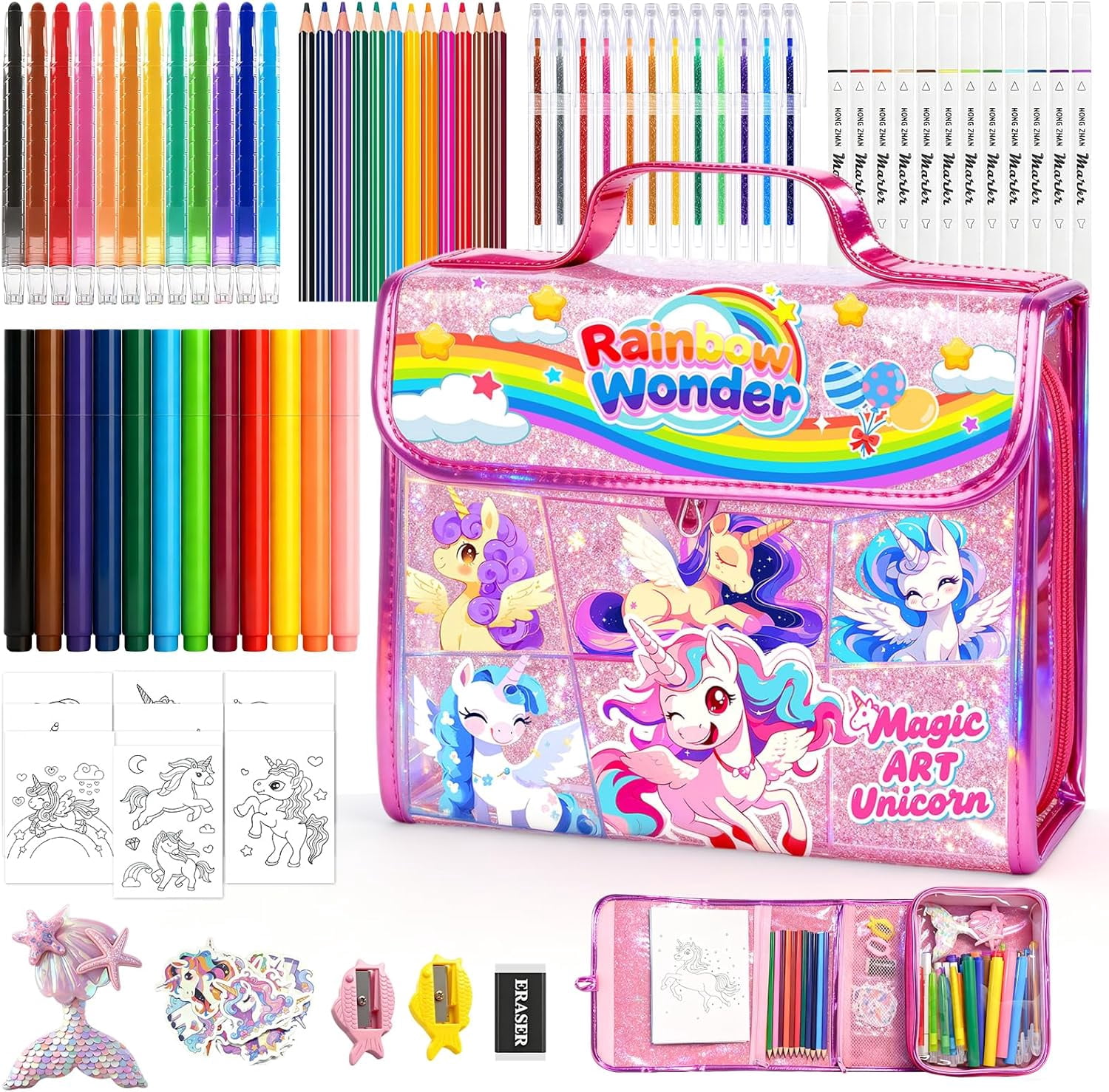 homicozy 106PCS Scented Washable Markers Set,Arts and Crafts Kit for Girls Ages 4-6-8-10,Travel Coloring Drawing Art Supplies with Unicorn Glitter Pencil Case,Ideal Birthday Gift for Kids