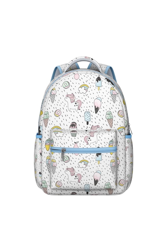 Cute unicorn and rainbow backpack for Student and Student, mystical fantasy animal print, moon and clouds illustration, breathable padded straps, ideal for school and travel