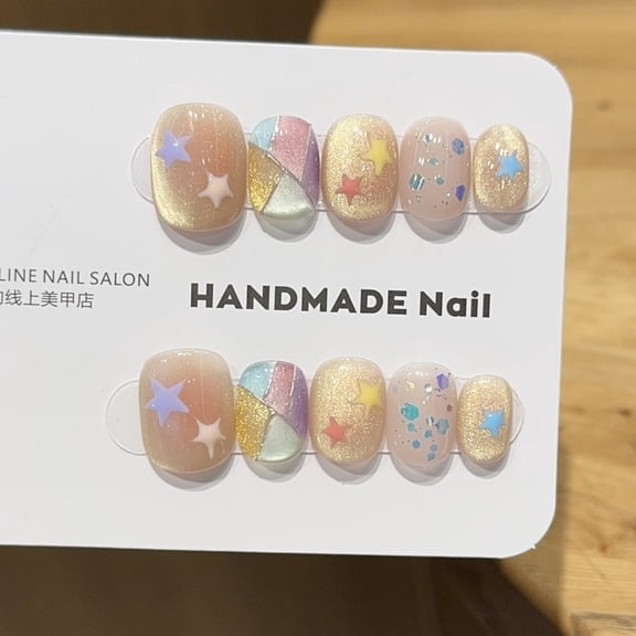 Cute wind dopamine star cat eye short short square circle pure hand-worn nail handmade manicure fake nail