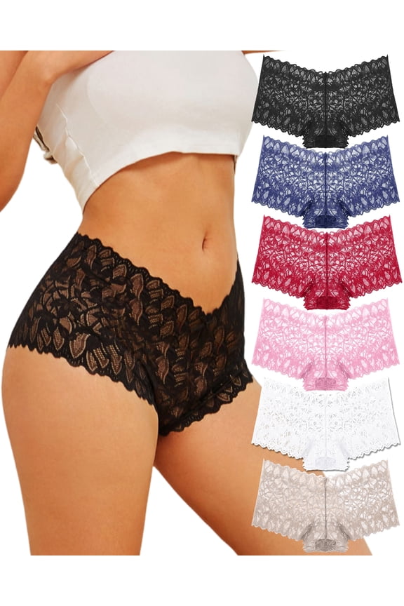 6 Pack Lace Underwear for Women Cheeky V Waist Breathable Boyshorts Panties L