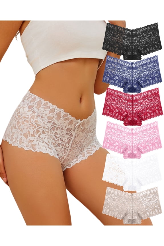 6 Pack Lace Underwear for Women Cheeky V Waist Breathable Boyshorts Panties M