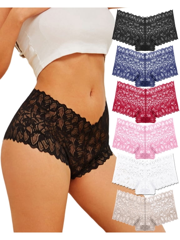 6 Pack Lace Underwear for Women Cheeky V Waist Breathable Boyshorts Panties M