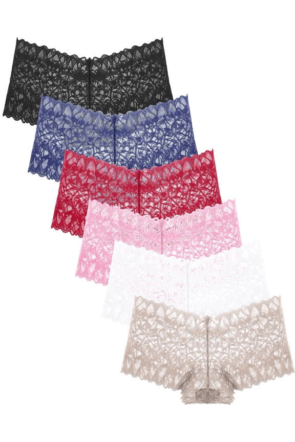 Lace Boyshorts Underwear for Women V Waist Breathable Panties 6 Pack S-XXL