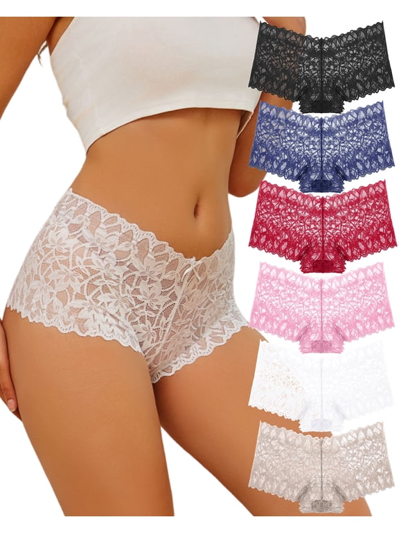 Lace Boyshorts Underwear for Women V Waist Breathable Panties 6 Pack S-XXL