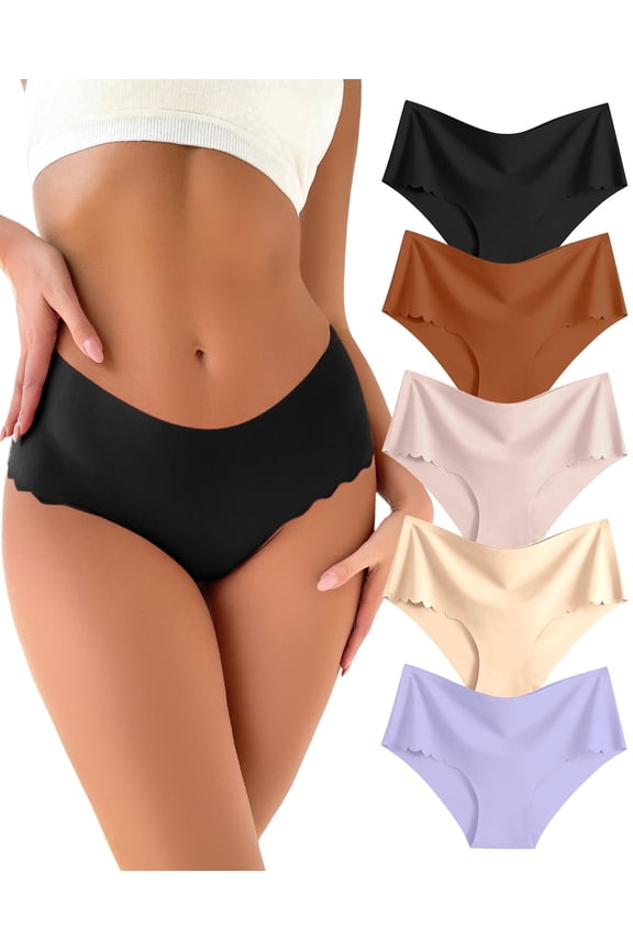 Seamless Underwear for Women No Show Bikini Briefs Cheeky Scalloped Edge Ladies Panties 5 pack M